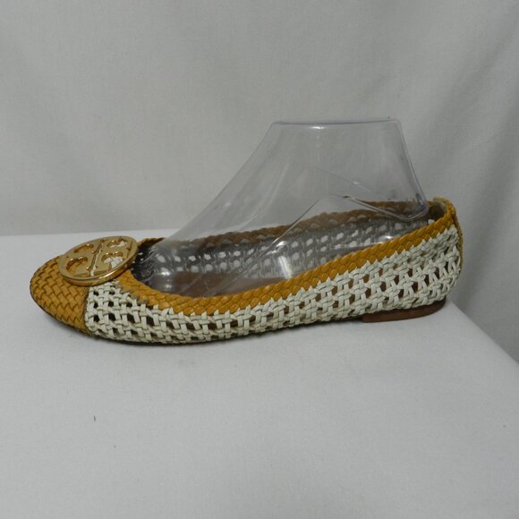 Tory Burch Chelsea Leather Woven Logo flats slides mustard white Size Sz 8.5 - Picture 7 of 13